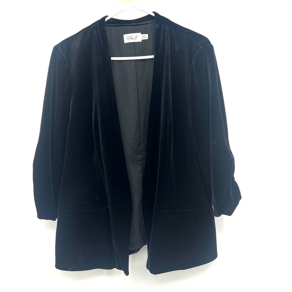 Eliza J Black Velvet Open Front Blazer Womens XL Ruched 3/4 Sleeve Jacket
